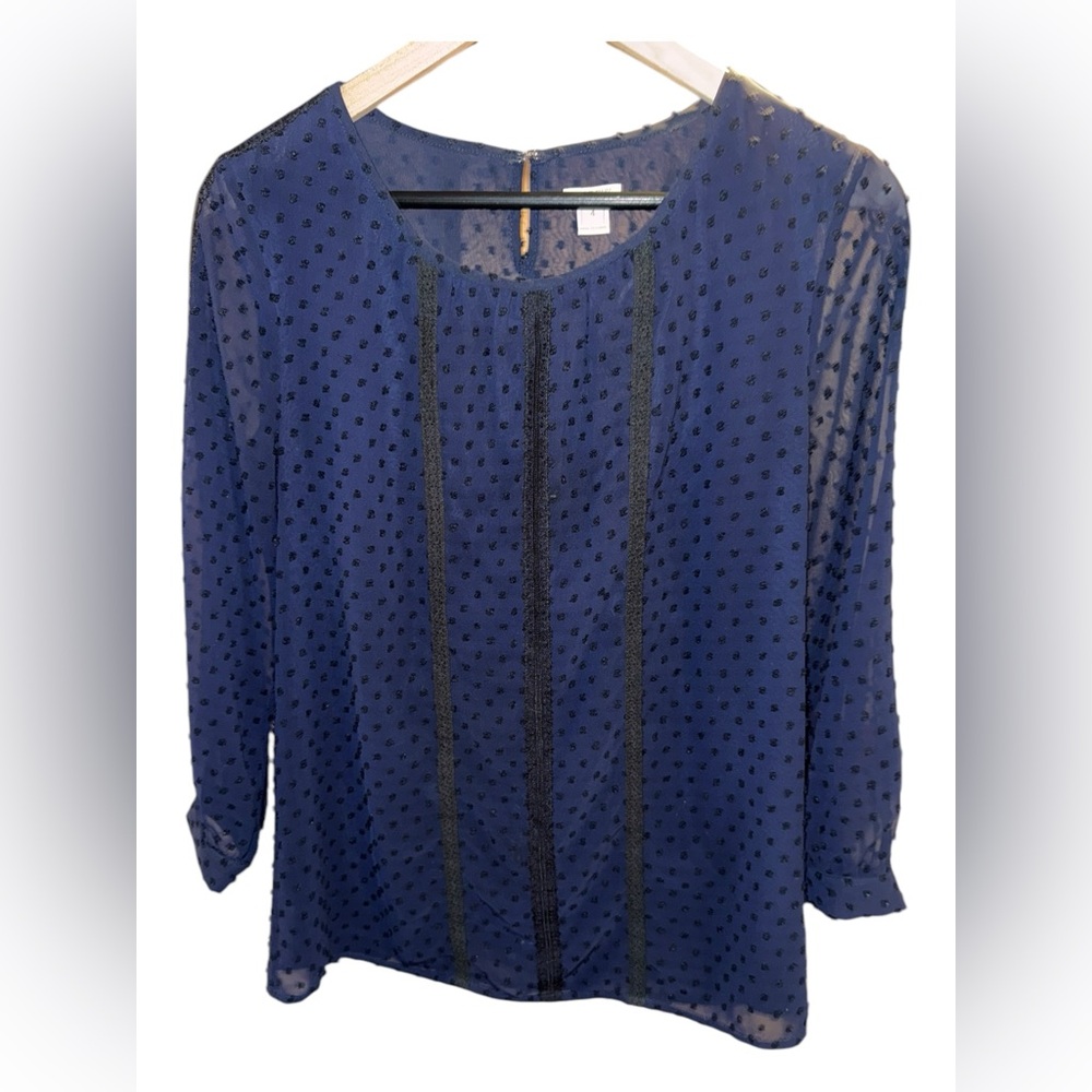 New J. Crew, Navy Blue Chiffon Blouse with BLK Crochet Detail, SZ 4, Chic!